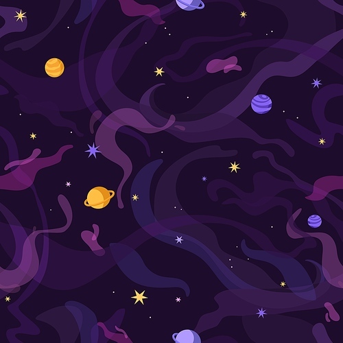 Endless backdrop with dark open space. Repeatable pattern of planets, stars in cosmos. Galaxy, universe, solar system, night sky on background. Astrology, astronomy. Flat seamless vector illustration.