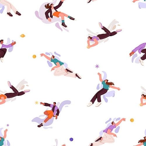 Inspiration concept. Calm men and women soaring around stars, planet in space endless background. Repeatable pattern of people flying in cosmos, move in zero gravity. Flat seamless vector illustration.