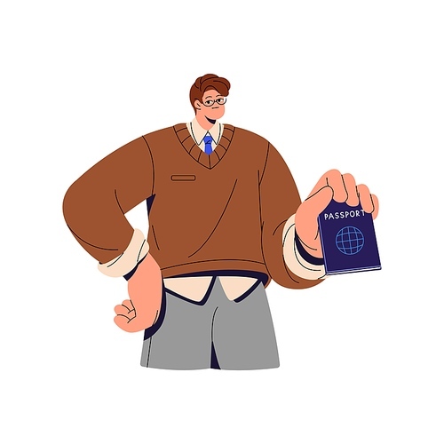 Man in glasses showing passport, id, individual document. Person present proof of identity. Employee stands, holding identification papers. Flat isolated vector illustration on white background.