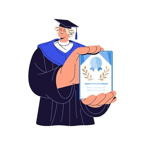 Happy student in academic gown graduates from university. Girl in cap shows certificate of bachelor degree. Young woman holds diploma, document. Flat isolated vector illustration on white background.