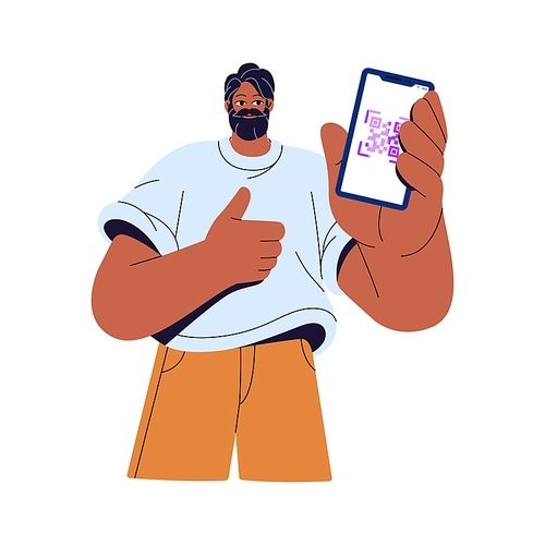 Bearded man shows qr code, link to identity documents. Person presents id qrcode in phone. Character holds smartphone, gesturing thumbs up. Flat isolated vector illustration on white background.