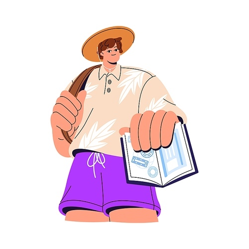 Tourist in summer outfit showing open passport, id on boarding pass control. Happy guy presents identity document, visa to travel, vacation. Flat isolated vector illustration on white background.