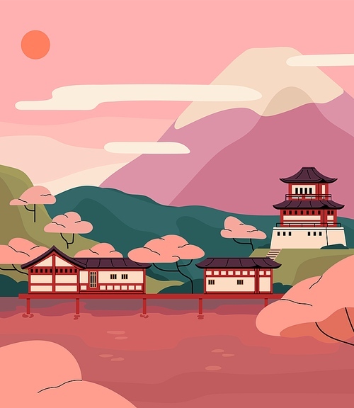 Spring nature in Asia: mountains, sakura tree blossom, tea plantations on hills. Old Japanese buildings, pagoda on lake shore. China countryside. Sunrise landscape in Japan. Flat vector illustration.