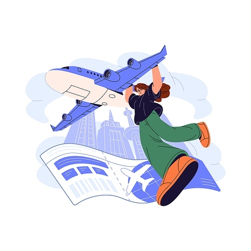 Airplane journey concept. People travel by plane. Traveller with ticket, boarding pass in international flight. Passenger flies on aircraft. Flat isolated vector illustration on white background.