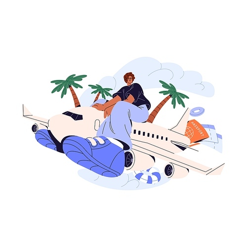 Flight to sea resort concept. People with passport, plane tickets travel by airplane. Passenger in aircraft journey. Air voyage to vacation. Flat isolated vector illustration on white background.