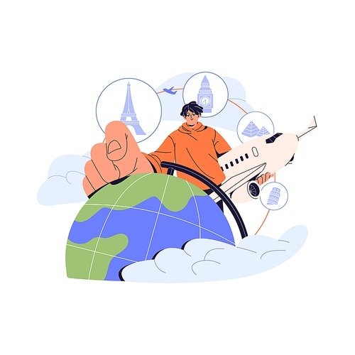 Air trip concept. People make choice of country to travel. Tourist in flight on aircraft. Character chooses direction of journey on globe to fly by plane. Flat isolated vector illustration on white.