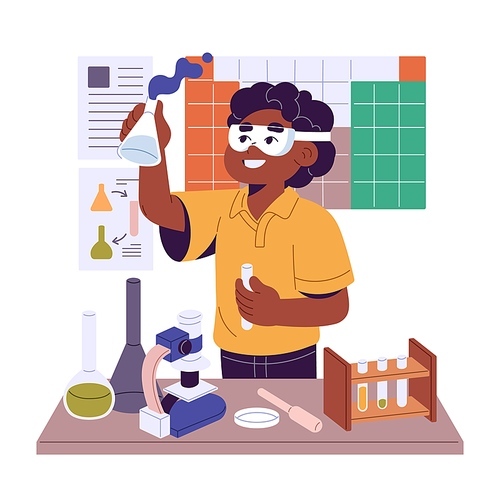 Schoolboy goes science in chemistry lab. Student does chemical experiment, school project. Kid inventor works with tubes, microscope in laboratory. Funny scientific education. Flat vector illustration.