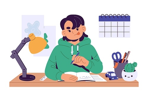 Excellent student does homework at the table. Diligent child study with textbook at home. Cute kid writes, takes notes in copybook at the desk. Elementary education, school. Flat vector illustration.