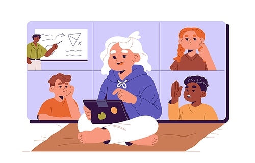 Students' team elearning. Kids study, listen to teacher at distance lesson with video call. Cute schoolmates, girls and boys learning school subjects with online education. Flat vector illustration.