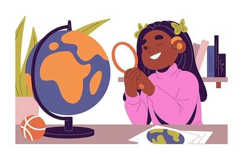 Disabled girl with hearing aid watches, explores globe through magnifier. School kid studies geography, examines planet with magnifying glass. Student learning science. Flat vector illustration.