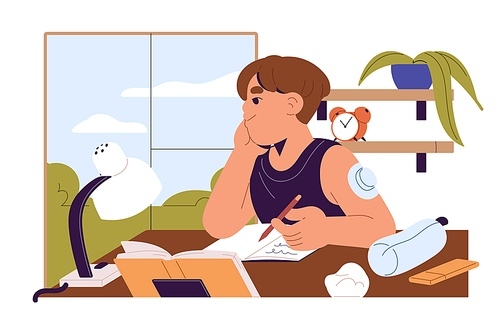 Disabled boy with insulin pump does homework at the table. Kid studies, writes in copybook. Cute student with pen in hand prepares to lessons. Child does home exercises. Flat vector illustration.