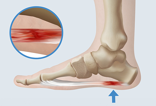 발 사진 위에 발뼈 그리고 발목뼈와 족저근막을 그려 넣은 의료 해부학 일러스트. 족저근막염